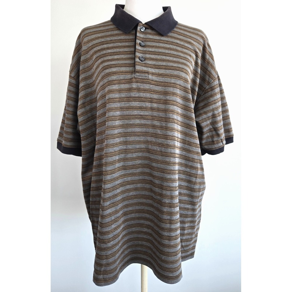 Vintage Marks and Spencer Golf Polo Shirt Navy Blue Brown Stripes Short Sleeves